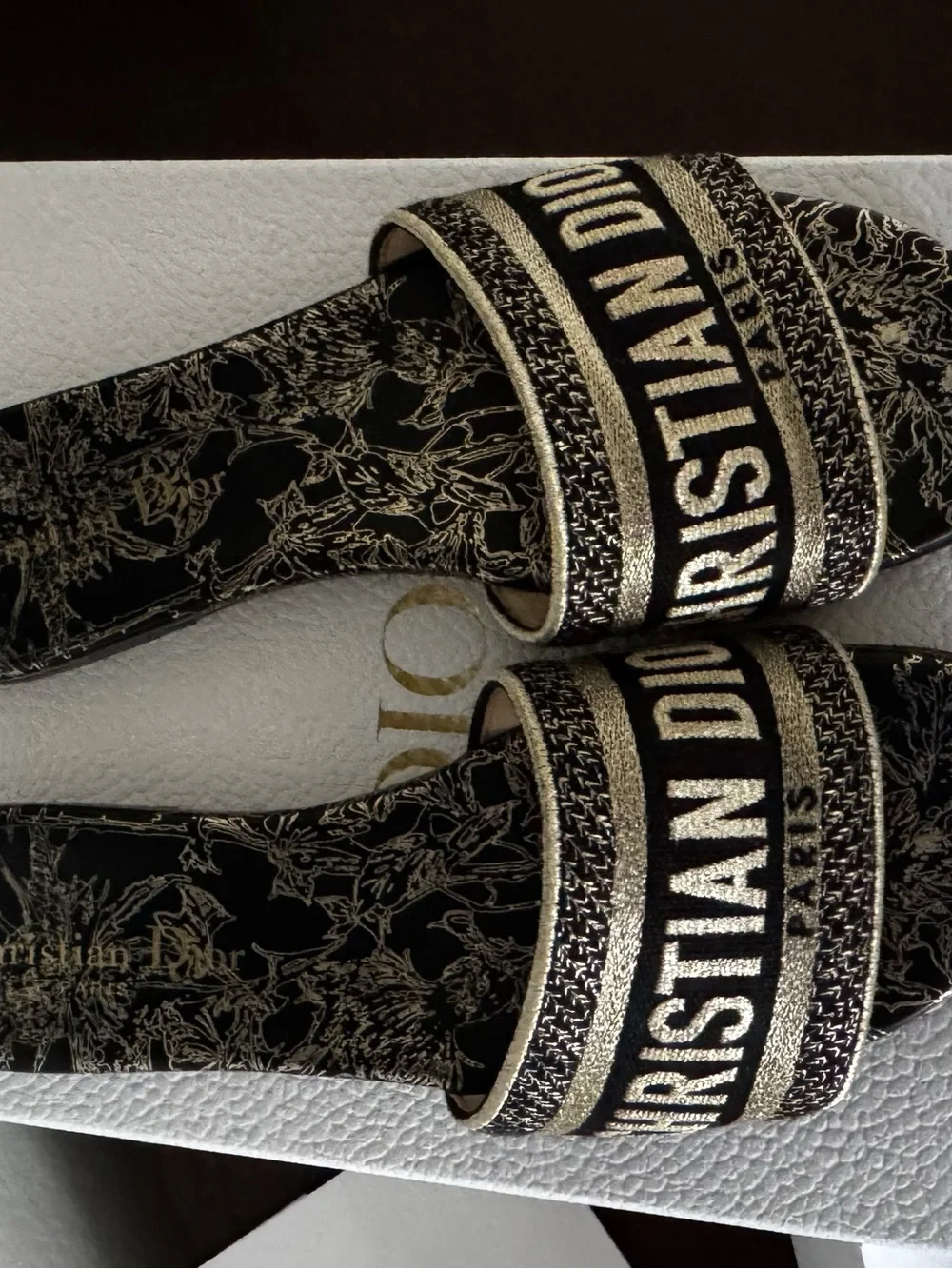 Dior Black and Gold Christian Dior Logo Slide Sandals